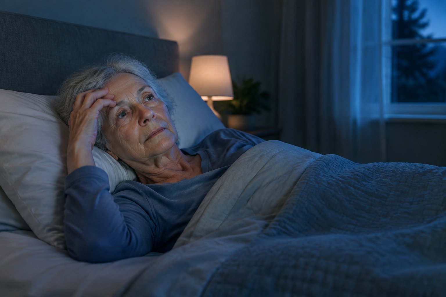 Eine ältere Person liegt nachts wach im Bett.